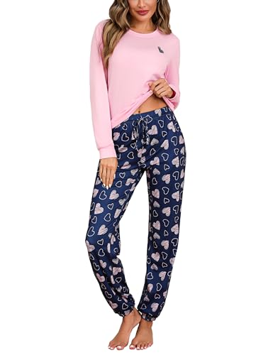 Bresdk Schlafanzüge für Damen Pyjama Baumwolle Winter Schlafanzug Damen Lang Nachtwäsche Herz-Print Pijamas Mit Tasche Pyjama Set Zweiteilige Kuschelig Rosa S von Bresdk
