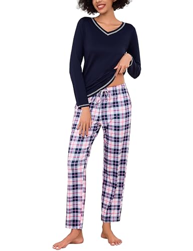 Bresdk Schlafanzüge für Damen Pyjama Baumwolle Winter Schlafanzug Damen Lang Nachtwäsche Karierte Pijamas mit V-Ausschnitt Pyjama Set Zweiteilige Kuschelig Hausanzug von Bresdk