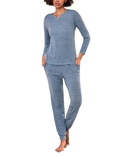 Bresdk Schlafanzüge für Damen Winter Pyjama Set Lang Zweiteiliger Nachtwäsche V-Ausschnitt Hausanzug für Frauen Blau S von Bresdk