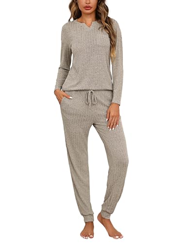 Bresdk Schlafanzüge für Damen Winter Pyjama Set Lang Zweiteiliger Nachtwäsche V-Ausschnitt Hausanzug für Frauen Gelbes Kamel S von Bresdk