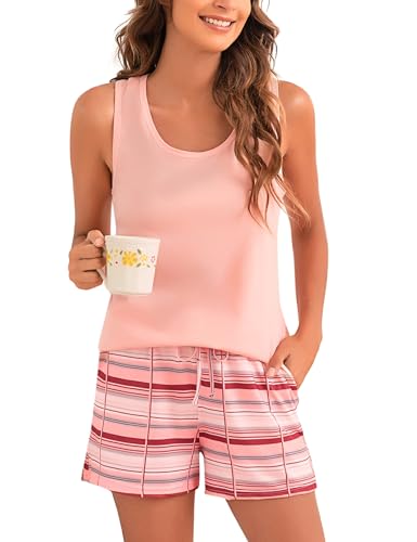 Bresdk Schlafanzug Damen Kurz Ärmellos Kurzarm Pyjama Set Sommer Baumwolle Nachtwäsche Kuschelig Sleepwear Hausanzug Loungewear Rosa von Bresdk
