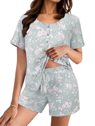 Bresdk Shorty Schlafanzug Damen Kurz Baumwolle Pyjama Set Rüschen Sommer Nachtwäsche von Bresdk