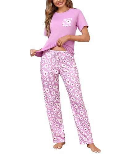 Bresdk Schlafanzug Damen Kurz Baumwolle Pyjama Loungewear Set Schlafshirt Kurzarm Pyjamahose Bedrucken Lang, Lila, XXL von Bresdk