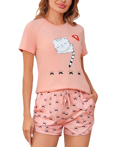 Bresdk Schlafanzug Damen Kurz Baumwolle Shorty Pyjama Set Sommer Zweiteiler Kurzarm Nachtwäsche Frauen Rundhals Hausanzug Sleepwear von Bresdk