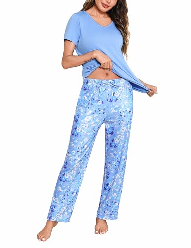 Bresdk Schlafanzug Damen Kurz Pyjama Set Baumwolle Kurzarm Lang Pyjamahose Sommer Nachtwäsche Hausanzug mit Taschen von Bresdk