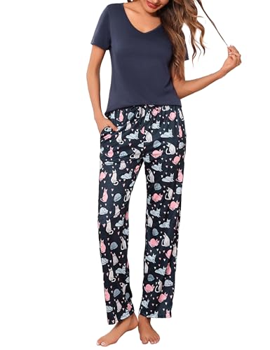Bresdk Schlafanzug Damen Kurz Pyjama Set Baumwolle Kurzarm Lang Pyjamahose Sommer Nachtwäsche Hausanzug mit Taschen von Bresdk