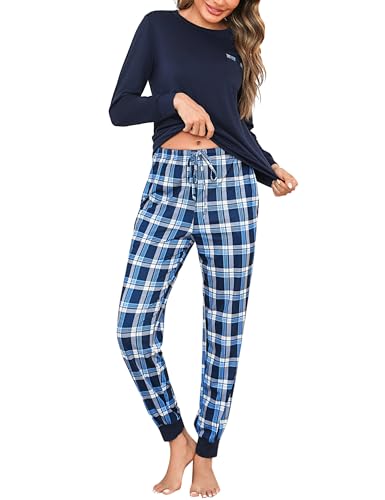 Bresdk Schlafanzug Damen Lang Pyjama Baumwolle Nachtwäsche Bequem Lounge Set Blau XL von Bresdk
