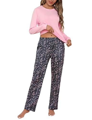 Bresdk Schlafanzug Damen Lang Baumwolle Pyjama Damen Langarm Winter Nachtwäsche Set mit Stern Rundhals Taschen Schlafshirt Kuschelig von Bresdk