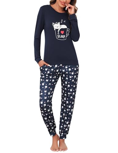 Bresdk Schlafanzug Damen Lang Baumwolle Pyjama Set Süß Winter Nachtwäsche Blau Tasse Muster XS von Bresdk