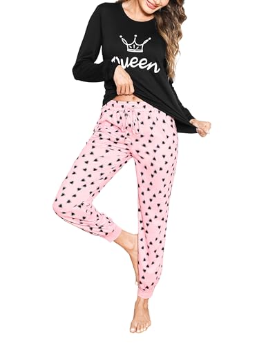 Bresdk Schlafanzug Damen Lang Pyjama Baumwolle mit Langarm Schlafanzugoberteile Lange Schlafanzughose Schwarz M von Bresdk