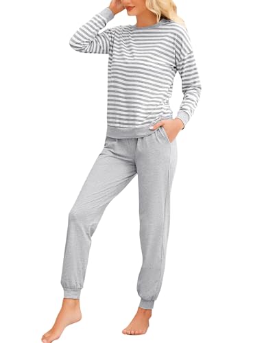 Bresdk Pyjama Damen Lang Baumwolle Frauen Nachtwäsche Baumwolle Schlafanzug mit Bündchen Grau S von Bresdk