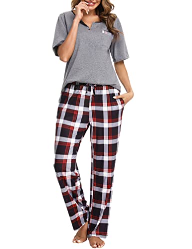 Bresdk Schlafanzug Damen Lang Kariert Kurzarm Pyjama Set Baumwolle Nachtwäsche Grau M von Bresdk