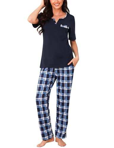 Bresdk Schlafanzug Damen Lang Kariert Kurzarm Pyjama Set Baumwolle Nachtwäsche Hellblau L von Bresdk