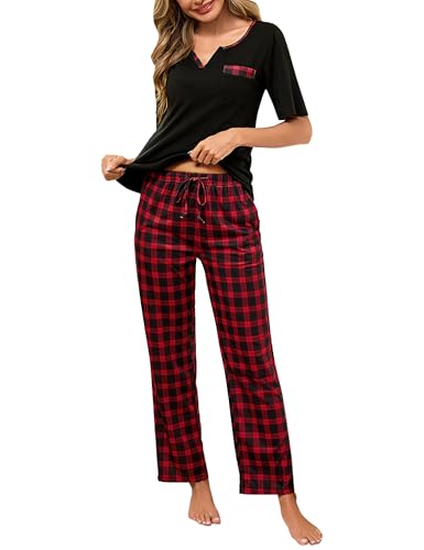 Bresdk Schlafanzug Damen Lang Kurzarm Winter Pyjama Set mit Lange Pyjamahose Schwarz Rot XXL von Bresdk