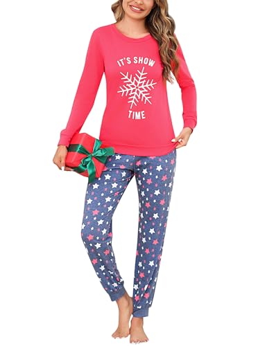Bresdk Schlafanzug Damen Lang Langarm Winter Baumwolle Weichnachts-Pyjama Rot XXL von Bresdk