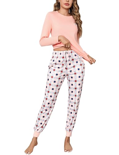 Bresdk Schlafanzug Damen Lang Pyjama Baumwolle Nachtwäsche Bequem Lounge Set Hellrosa XL von Bresdk