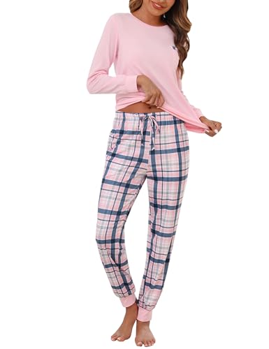Bresdk Schlafanzug Damen Lang Pyjama Baumwolle Nachtwäsche Bequem Lounge Set Rosa XL von Bresdk