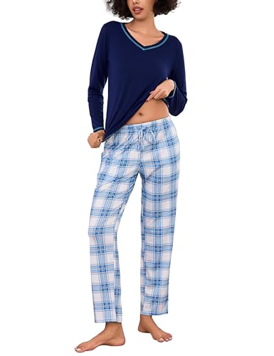 Bresdk Schlafanzug Damen Lang Pyjama Baumwolle Winter Nachtwäsche Karierte mit V-Ausschnitt Pyjama Set Zweiteilige Schlafanzüge Warmer Pijamas Blau XXL von Bresdk