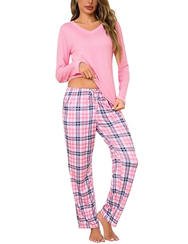 Bresdk Schlafanzug Damen Lang Pyjama Baumwolle Winter Pijamas Damen Schlafanzüge Karierte mit V-Ausschnitt Hausanzug Pyjama Set Rosa S von Bresdk