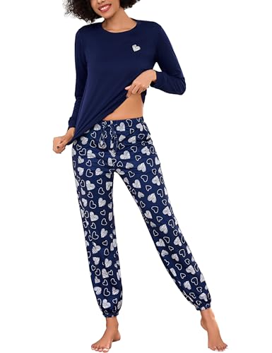 Bresdk Schlafanzug Damen Lang Pyjama Baumwolle Winter Schlafanzüge Herz-Print mit Rundhals-Ausschnitt Pyjamas Set Zweiteilige Nachtwäsche Warmer Pijamas Blau L von Bresdk