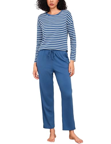Bresdk Schlafanzug Damen Lang Pyjama Set Baumwolle Gestreift Winter Nachtwäsche für Damen Hellblau XS von Bresdk