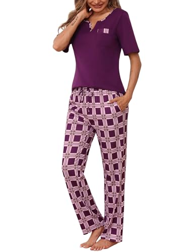 Bresdk Schlafanzug Damen Lang Pyjama Set Kurzarm Oberteil mit Lange Schlafanzughose Lila XL von Bresdk