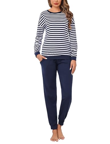 Bresdk Schlafanzug Damen Lang Pyjama Set Langarm Baumwolle Winter Nachtwäsche Frauen Blau XL von Bresdk