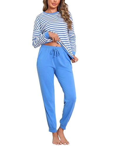 Bresdk Schlafanzug Damen Lang Pyjama Set Langarm Baumwolle Winter Nachtwäsche Frauen Kobaltblau M von Bresdk