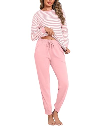 Bresdk Schlafanzug Damen Lang Pyjama Set Langarm Baumwolle Winter Nachtwäsche Frauen Rosa XS von Bresdk