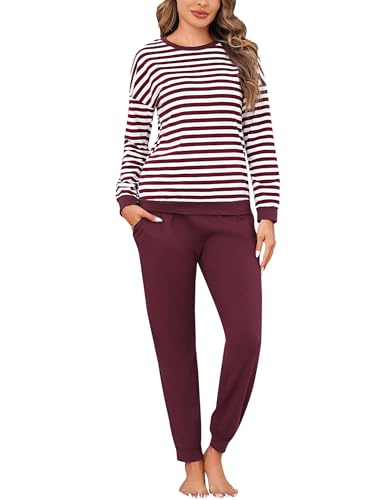 Bresdk Schlafanzug Damen Lang Pyjama Set Langarm Baumwolle Winter Nachtwäsche Frauen Rot XS von Bresdk