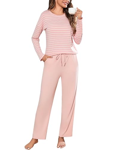 Bresdk Schlafanzug Damen Lang Winter Baumwolle Gestreift Pyjama Set Nachtwäsche für Damen Rosa S von Bresdk
