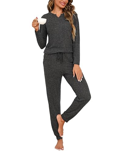 Bresdk Schlafanzug Damen Lang Zweiteiliger Pyjama Set Winter Loungewear V-Ausschnitt Hausanzug für Frauen Schwarz M von Bresdk