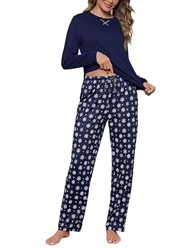 Bresdk Schlafanzug Damen Langarm Baumwolle Pyjama Damen Lang Winter Hausanzug mit Schneeflocke Rundhals Damen Shirt Und Pyjamahose Schlafshirt Kuschelig von Bresdk