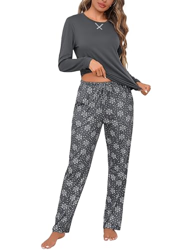 Bresdk Schlafanzug Damen Langarm Baumwolle Pyjama Damen Lang Winter Hausanzug mit Schneeflocke Rundhals Damen Shirt Und Pyjamahose Schlafshirt Kuschelig von Bresdk
