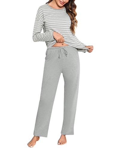 Bresdk Schlafanzug Damen Pyjama Lang Baumwolle Winter Gestreift Nachtwäsche Set für Damen Grau M von Bresdk