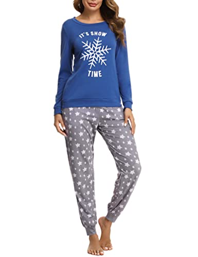 Bresdk Schlafanzug Damen Pyjama Lang Baumwolle Zweiteilige Nachtwäsche Blau S von Bresdk