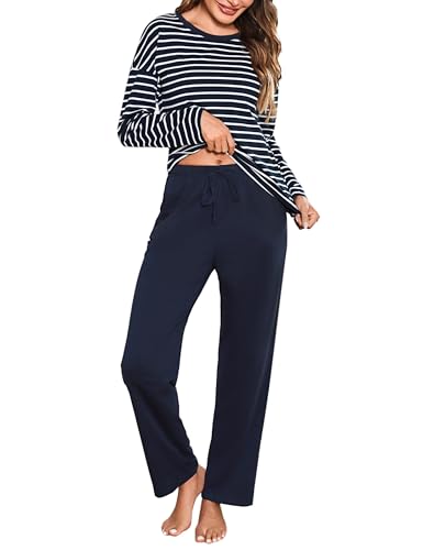 Bresdk Schlafanzug Damen Pyjama Set Lang Baumwolle Gestreift Winter Nachtwäsche für Damen Blau XXL von Bresdk