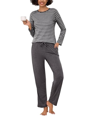 Bresdk Schlafanzug Damen Pyjama Set Lang Baumwolle Gestreift Winter Nachtwäsche für Damen Grau XS von Bresdk