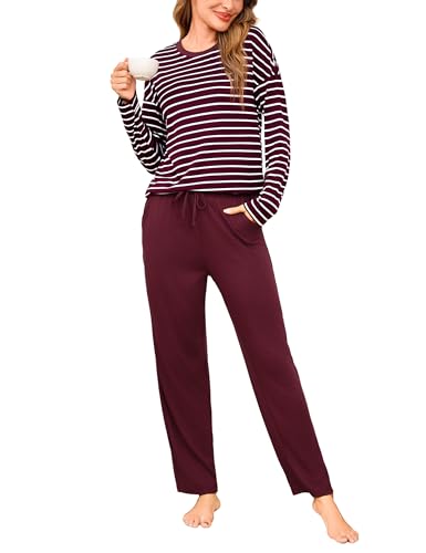 Bresdk Schlafanzug Damen Pyjama Set Lang Baumwolle Gestreift Winter Nachtwäsche für Damen Rot XS von Bresdk
