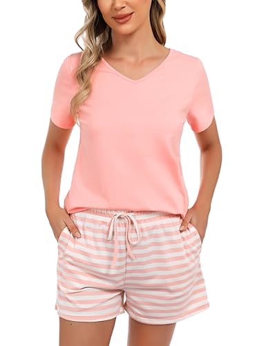 Bresdk Schlafanzug Damen Pyjama Set Sommer Kurz Shorty Nachtwäsche M1300 Rosa Gestreift L von Bresdk