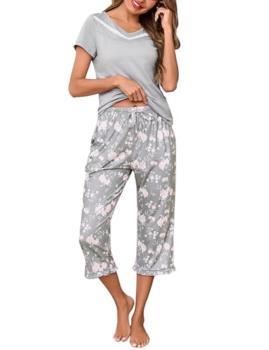 Bresdk Schlafanzug Damen Sommer Baumwolle Pyjama Set mit 3/4 Lang Pyjamahose Nachtwäsche Set Zweiteiliger mit V-Ausschnitt Kurzarm Sleepshirt Frauen von Bresdk