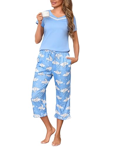 Bresdk Schlafanzug Damen Sommer Baumwolle Pyjama Set mit 3/4 Lang Pyjamahose Nachtwäsche Set Zweiteiliger mit V-Ausschnitt Kurzarm Sleepshirt Frauen von Bresdk