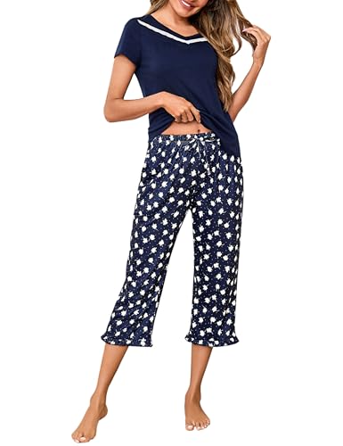 Bresdk Schlafanzug Damen Sommer Baumwolle Pyjama Set mit 3/4 Lang Pyjamahose Nachtwäsche Set Zweiteiliger mit V-Ausschnitt Kurzarm Sleepshirt Frauen von Bresdk
