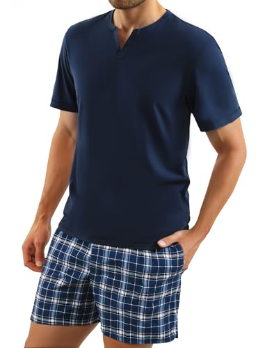 Bresdk Schlafanzug Herren Kurz Baumwolle Sommer Pyjama mit Schlafanzughose Blau M von Bresdk