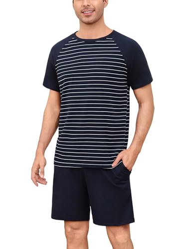 Bresdk Schlafanzug Herren Kurz Baumwolle Gestreift Loose Sommer Nachtwäsche Männer M1443 Blau XXL von Bresdk