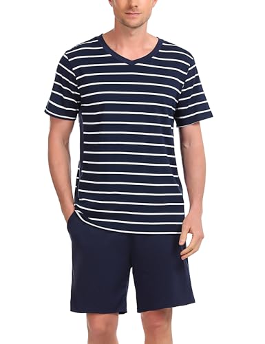 Bresdk Schlafanzug Herren Kurz Sommer Sommer Gestreift Pyjama Set Männer Blau01 M1419 M von Bresdk