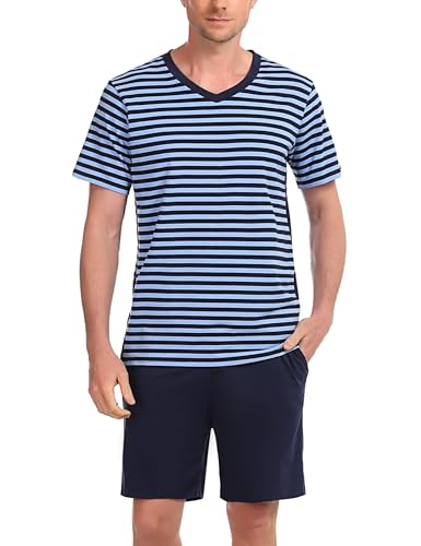 Bresdk Schlafanzug Herren Pyjama Set Kurz Sommer Baumwolle Männer Hausanzug Blau02 M1419 L von Bresdk