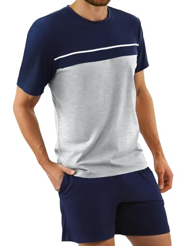 Bresdk Schlafanzug Herren Kurz Baumwolle Kurzarm Pyjama Set Sommer Zweiteilige Schlafanzüge mit T-Shirt und Schlafanzughose Hausanzug Sleepwear von Bresdk
