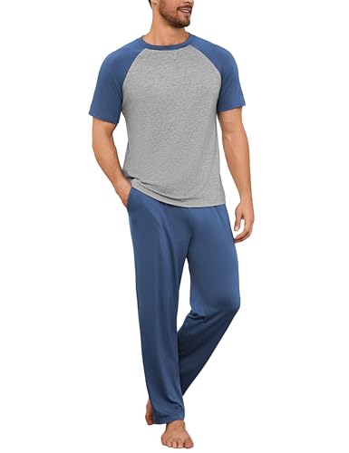 Bresdk Schlafanzug Herren Kurz Baumwolle Pyjama Set Sommer Zweiteiliger Kurzarm Männer Schlafanzüge und lang Schlafanzughose von Bresdk