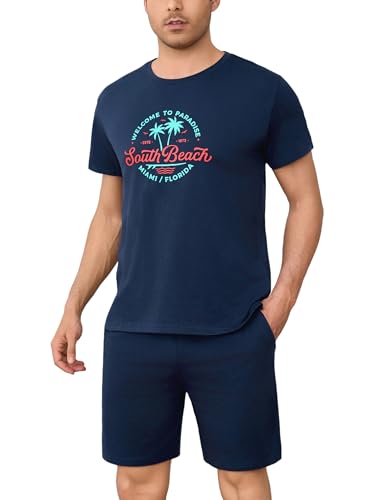 Bresdk Schlafanzug Herren Kurz Baumwolle Sommer Kurzarm Shorty Pyjama Rundhals Loungewear Set mit Buchstaben-Print Top und Shorts 2 Teiler, dunkelblau, M von Bresdk